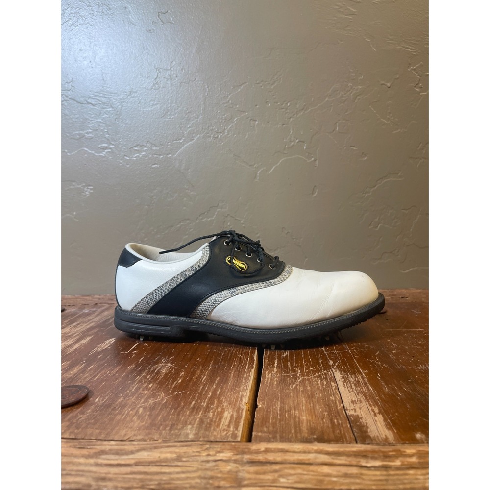 Footjoy DryJoys Golf Shoes Womens 7.5 White Snakeskin Leather Saddle Soft Spikes